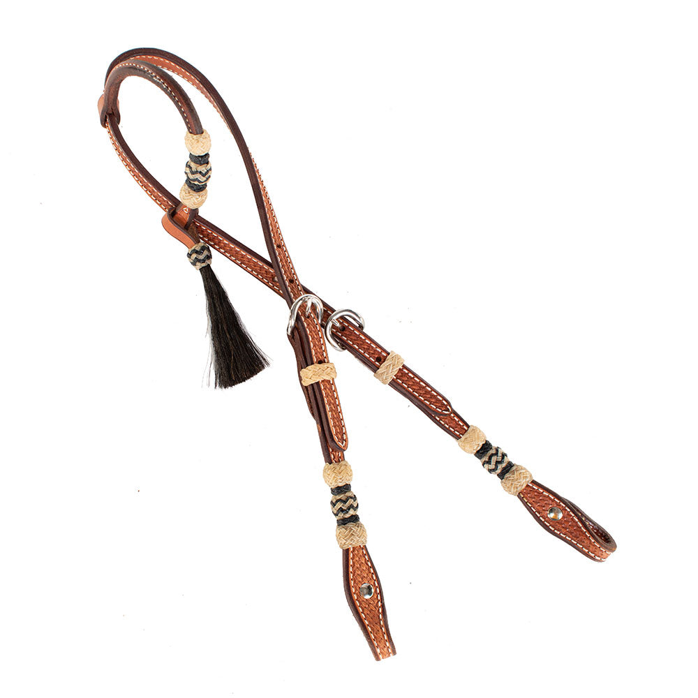 Teskey's Basket Stamped One Ear Headstall With Rawhide Tack - Headstalls - One Ear Teskey's Light oil  