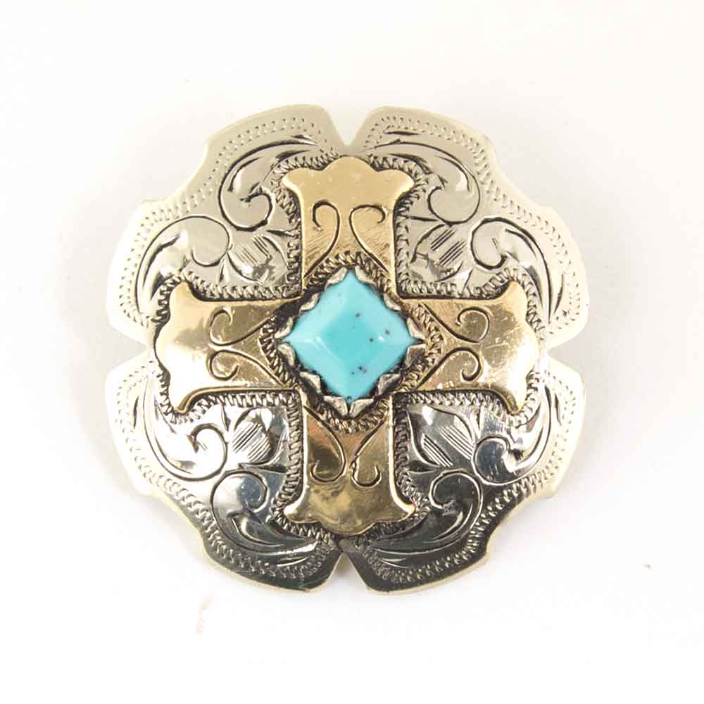 White Gold Cross Concho With Turquoise Stone Tack - Conchos & Hardware - Conchos Teskey's 1" Add wood screw adapter 
